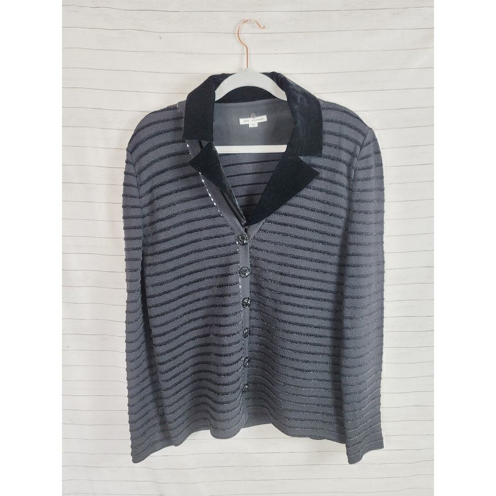 ST. JOHN WOOL BLEND CRUSHED STRIPED VELVET CARDIGAN W REMOVABLE COLLAR, SZ 12